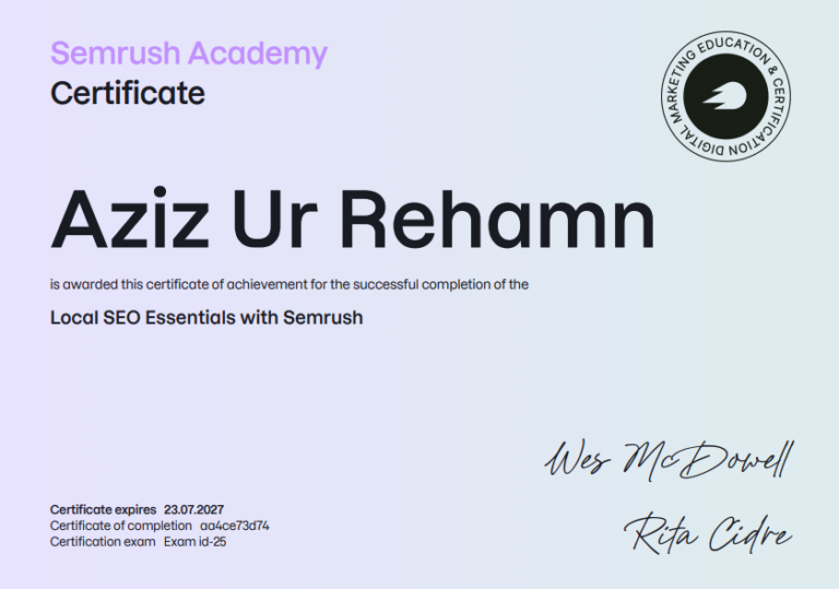 Semrush Local SEO Essentials certificate