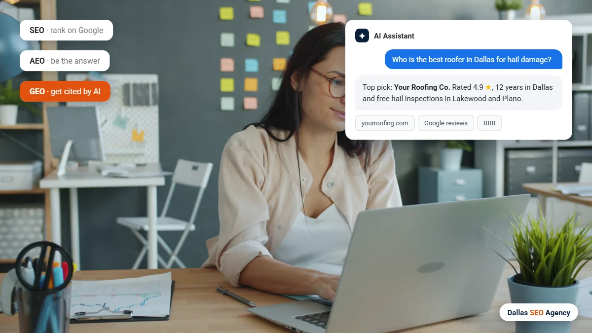 AI SEO Dallas example of an AI assistant recommending a Dallas roofer
