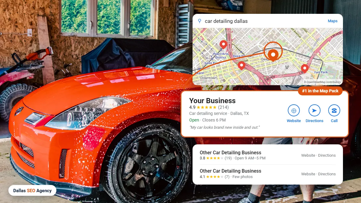 Auto Detailing SEO Dallas example: car detailing business ranking #1 in the Dallas Google Maps local pack