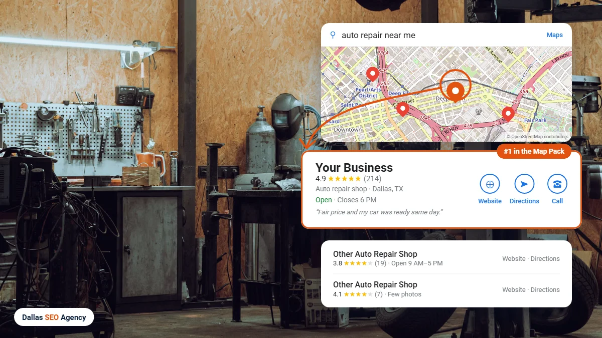 Auto Repair SEO Dallas example: auto repair shop ranking #1 in the Dallas Google Maps local pack