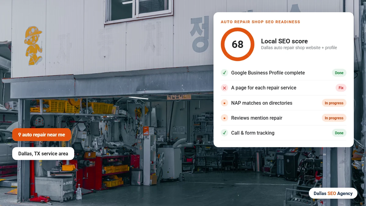 Auto Repair SEO Dallas readiness checklist for a Dallas auto repair shop website and Google profile