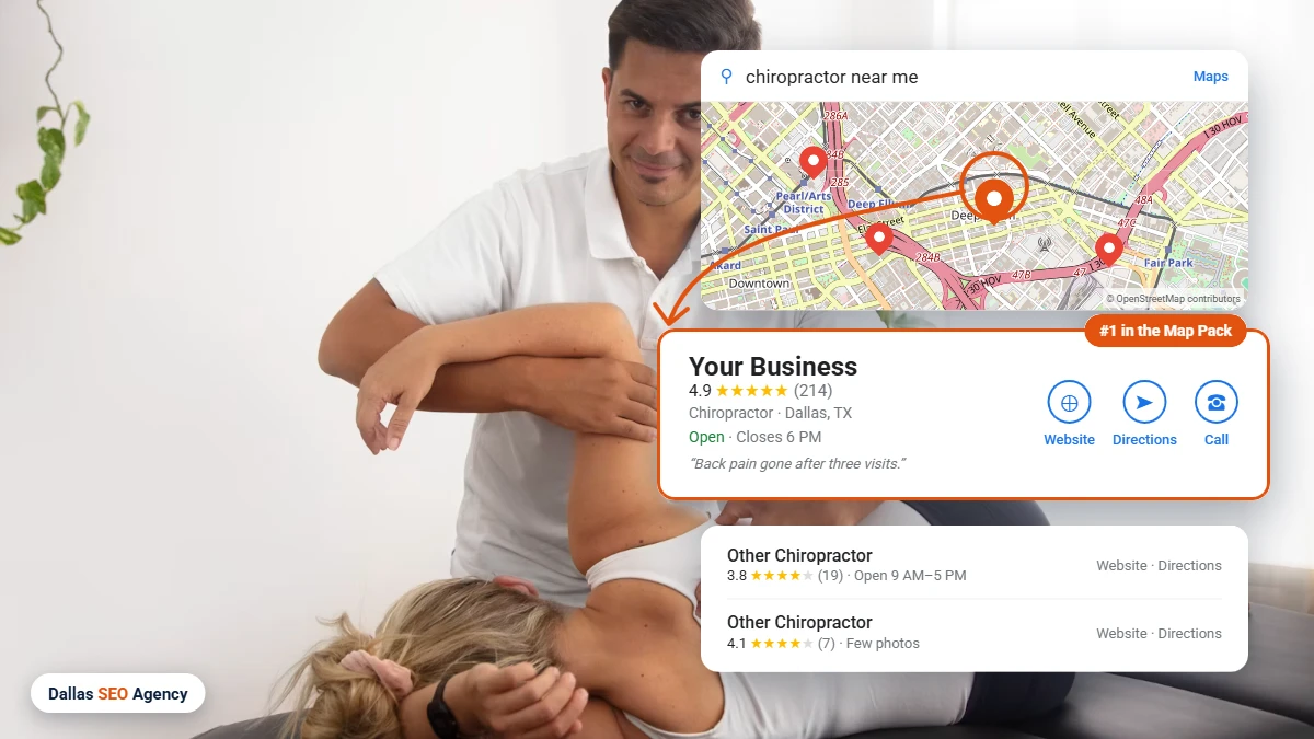Chiropractor SEO Dallas example: chiropractor ranking #1 in the Dallas Google Maps local pack