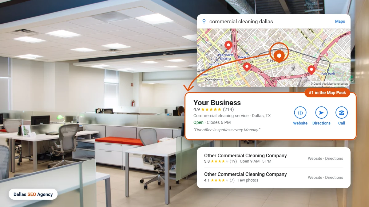 Commercial Cleaning SEO Dallas example: commercial cleaning company ranking #1 in the Dallas Google Maps local pack