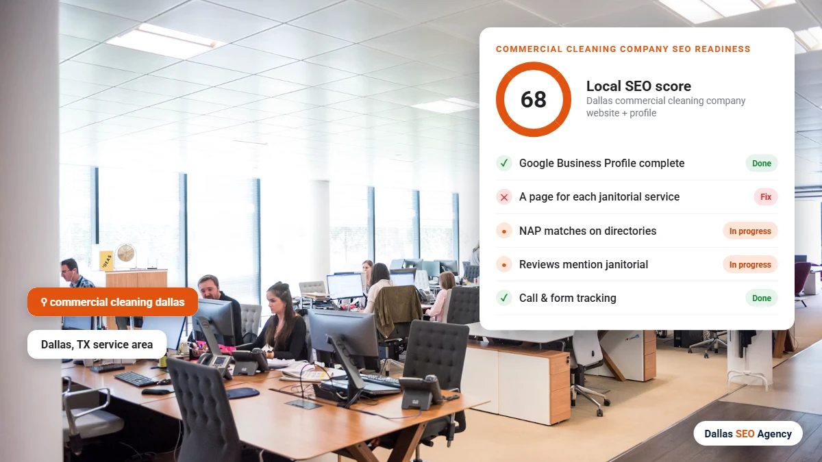 Commercial Cleaning SEO Dallas readiness checklist for a Dallas commercial cleaning company website and Google profile