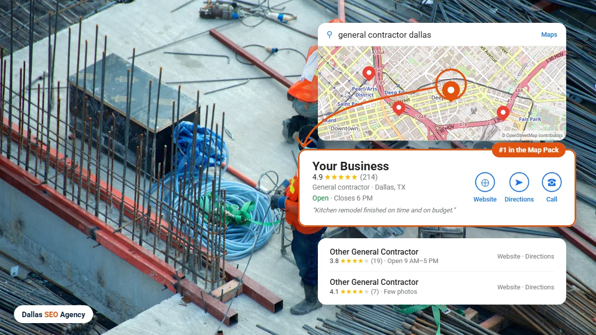 Contractor SEO Dallas example: general contractor ranking #1 in the Dallas Google Maps local pack