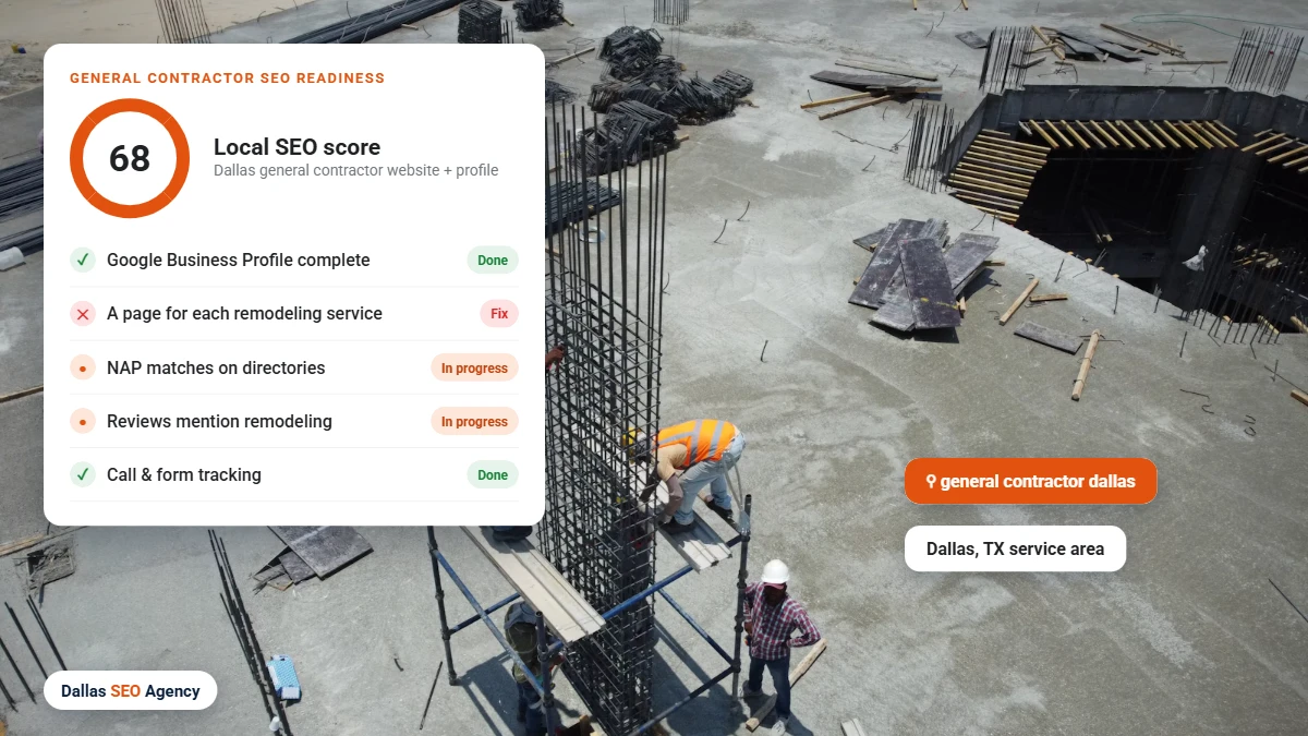 Contractor SEO Dallas readiness checklist for a Dallas general contractor website and Google profile