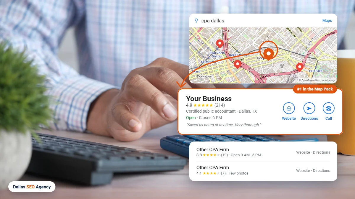 Cpa SEO Dallas example: cpa firm ranking #1 in the Dallas Google Maps local pack