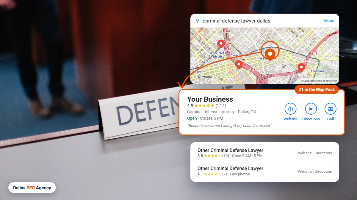 Criminal Defense Lawyer SEO Dallas example: criminal defense lawyer ranking #1 in the Dallas Google Maps local pack