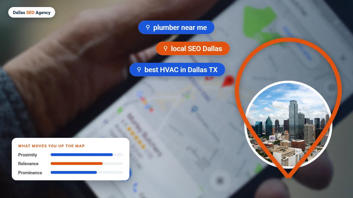 Dallas local SEO near me searches and map ranking factors over Dallas skyline