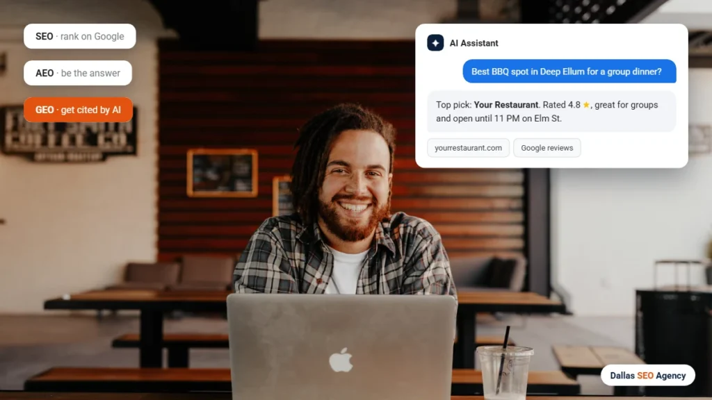 Dallas SEO agency AEO and GEO example with an AI assistant recommending a local restaurant