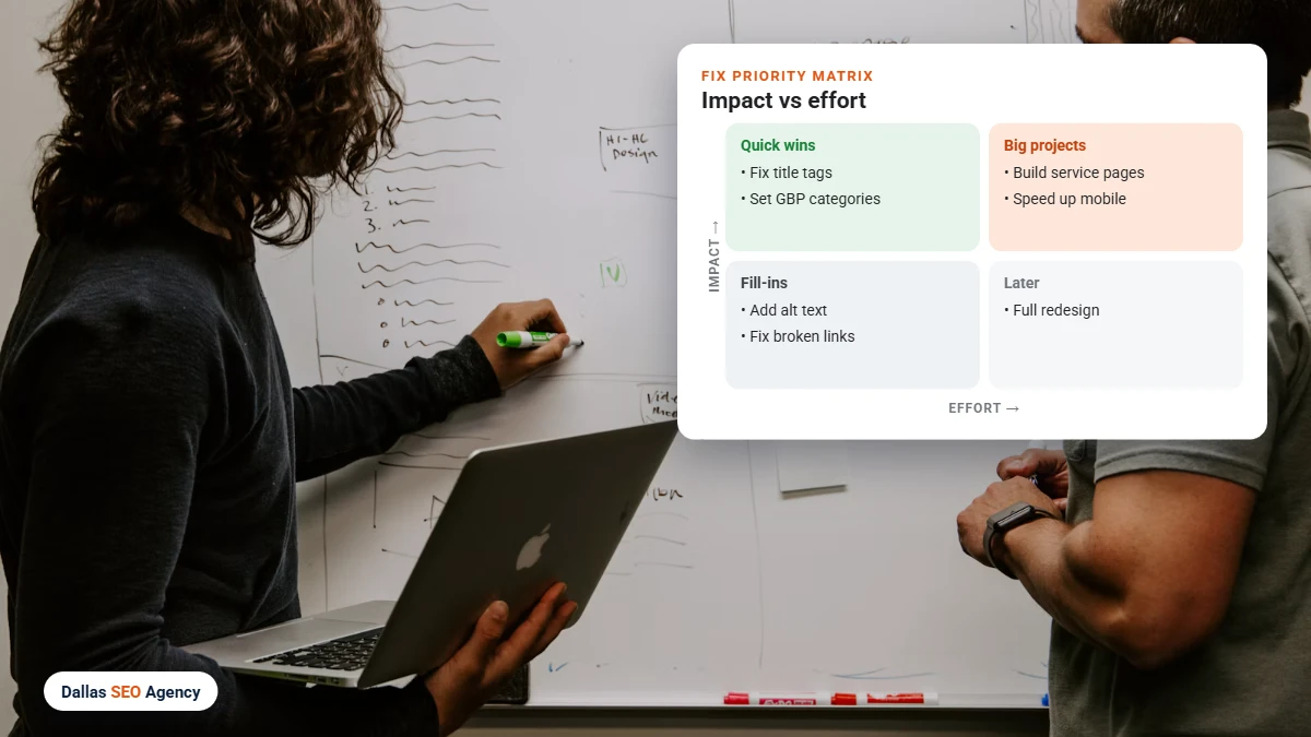 Dallas SEO audit fix priority matrix by impact and effort