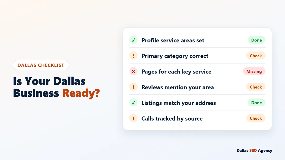 Dallas local SEO readiness checklist with profile, pages, reviews, listings and tracking items