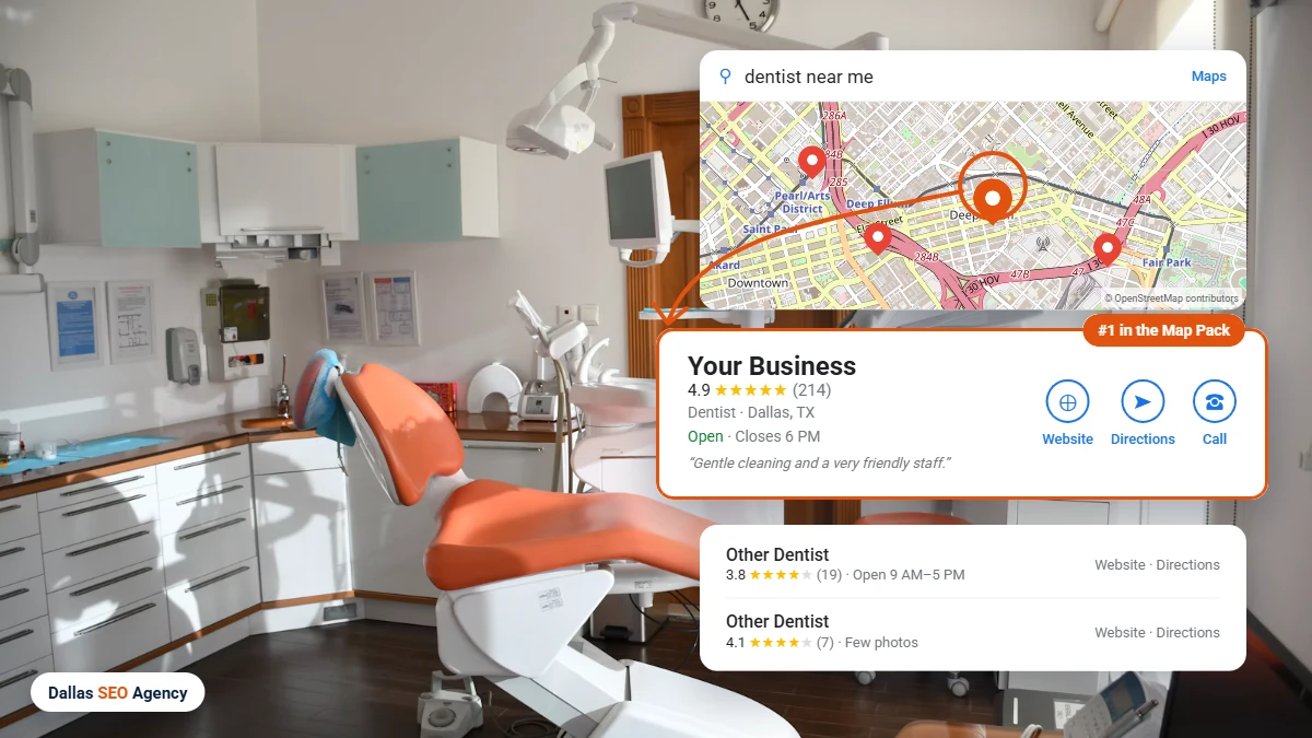 Dentist SEO Dallas example: dentist ranking #1 in the Dallas Google Maps local pack