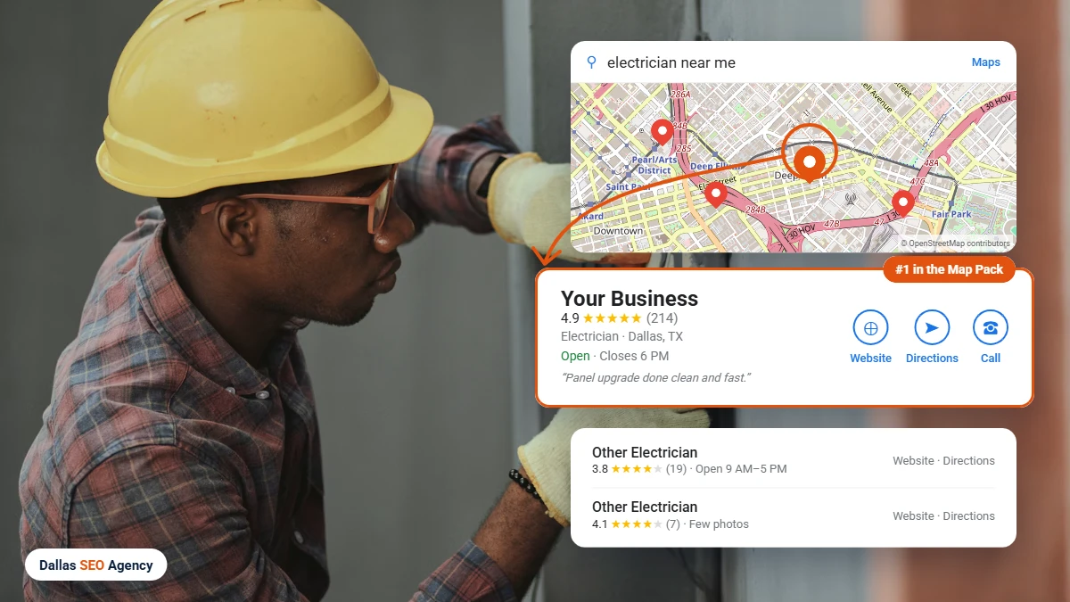 Electrician SEO Dallas example: electrician ranking #1 in the Dallas Google Maps local pack