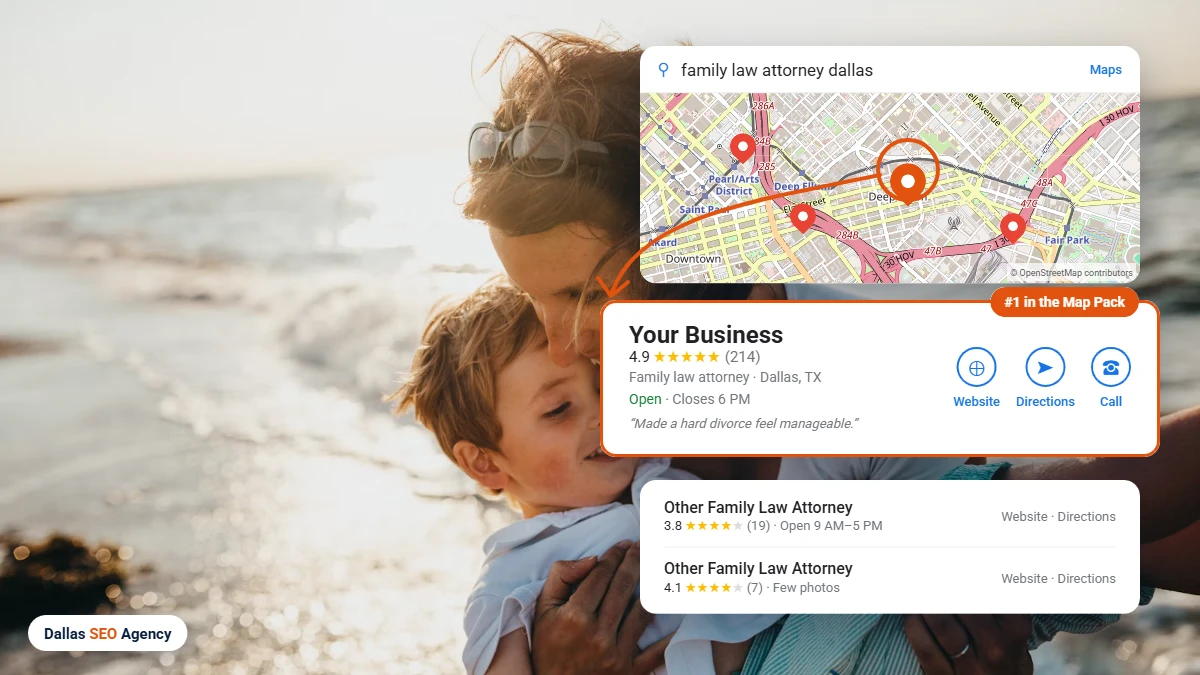 Family Law Attorney SEO Dallas example: family law attorney ranking #1 in the Dallas Google Maps local pack