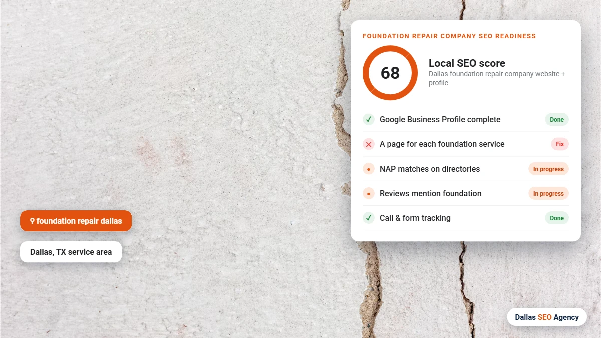 Foundation Repair SEO Dallas readiness checklist for a Dallas foundation repair company website and Google profile