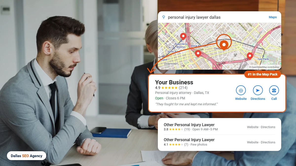 Law Firm SEO Dallas example: personal injury lawyer ranking #1 in the Dallas Google Maps local pack