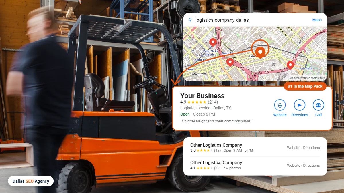 Logistics SEO Agency In TX example: logistics company ranking #1 in the Dallas Google Maps local pack