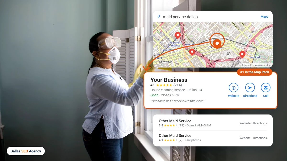 Maid Service SEO Dallas example: maid service ranking #1 in the Dallas Google Maps local pack