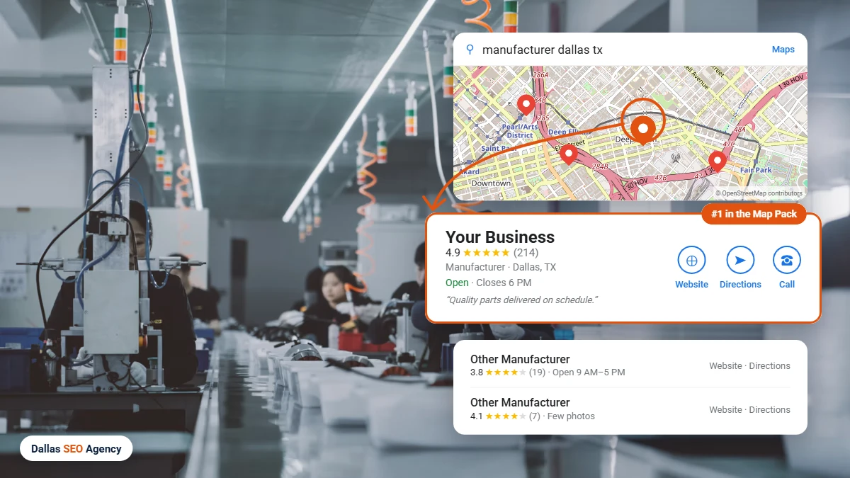 Manufacturing SEO Dallas example: manufacturer ranking #1 in the Dallas Google Maps local pack