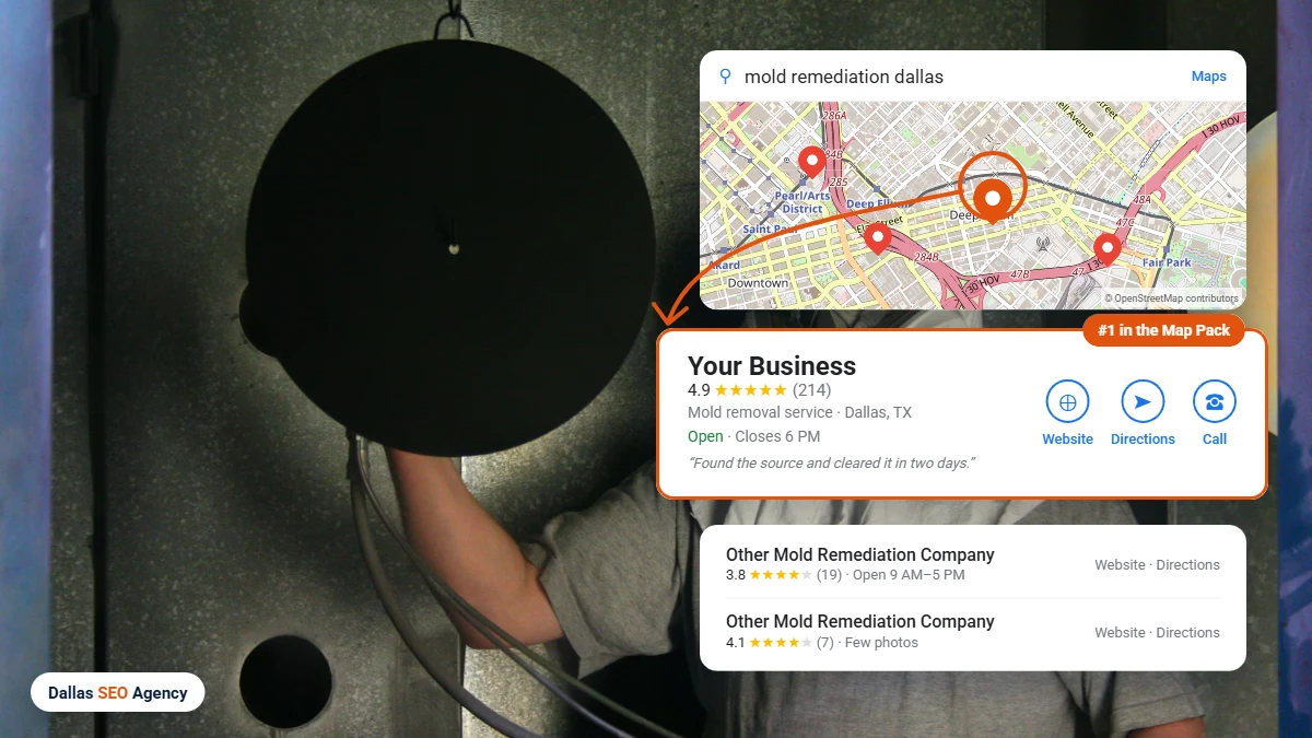 Mold Remediation SEO Dallas example: mold remediation company ranking #1 in the Dallas Google Maps local pack