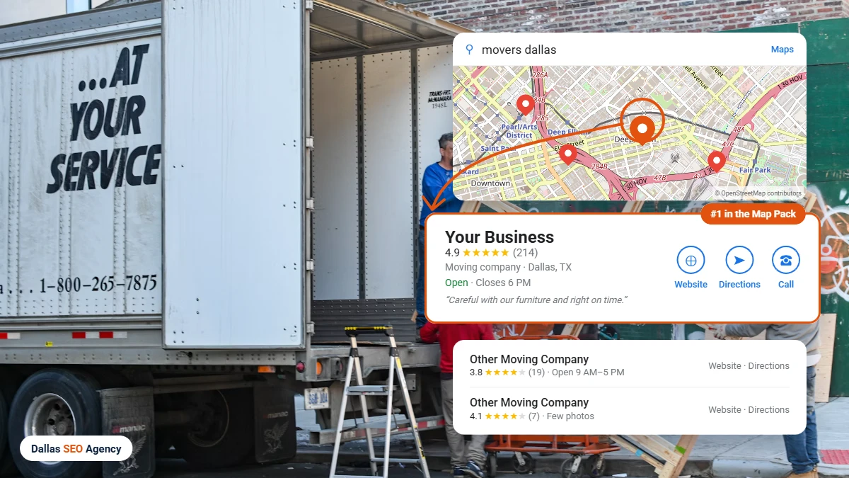 Moving Company SEO Dallas example: moving company ranking #1 in the Dallas Google Maps local pack
