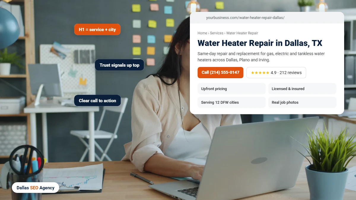 On-page SEO Dallas annotated service page with H1, trust signals and call to action