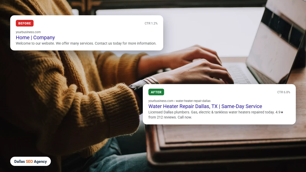 On-page SEO Dallas title tag and meta description before and after