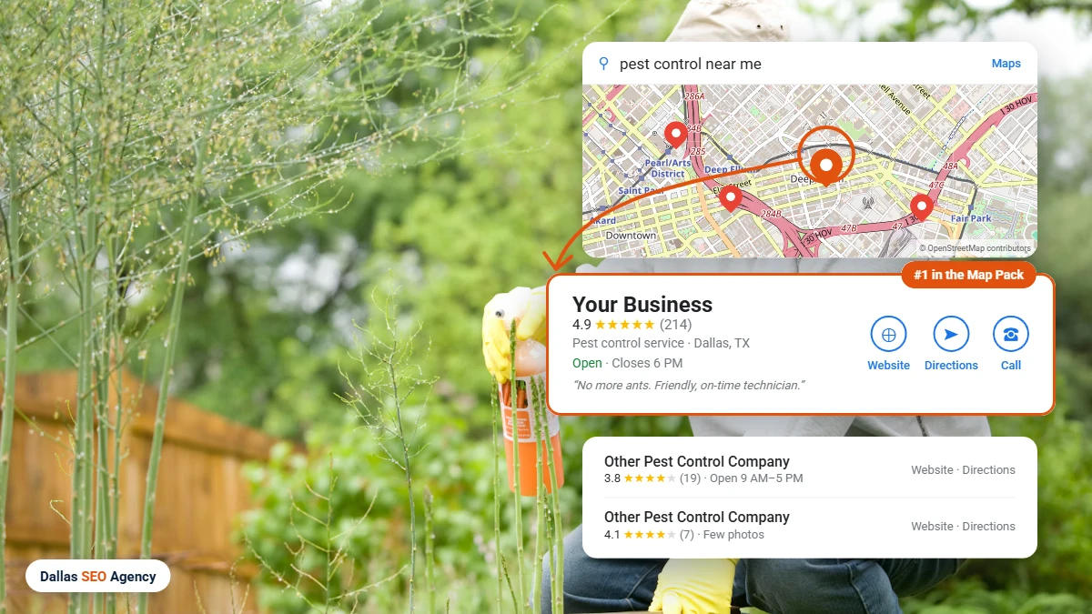 Pest Control SEO Dallas example: pest control company ranking #1 in the Dallas Google Maps local pack