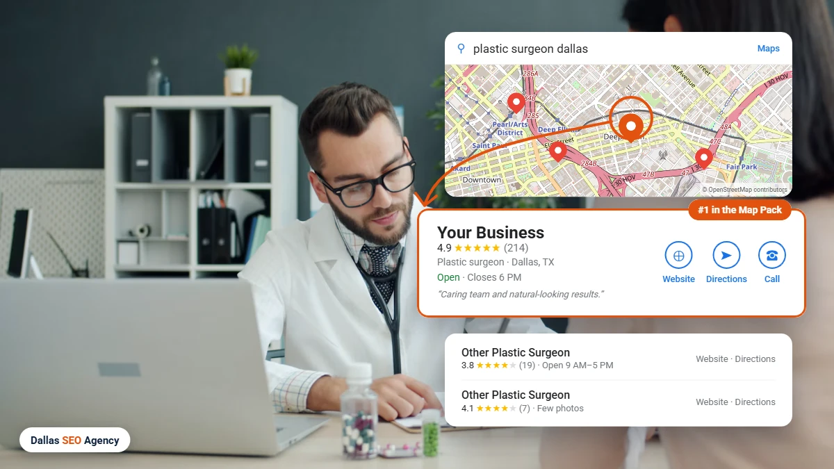Plastic Surgeon SEO Dallas example: plastic surgeon ranking #1 in the Dallas Google Maps local pack