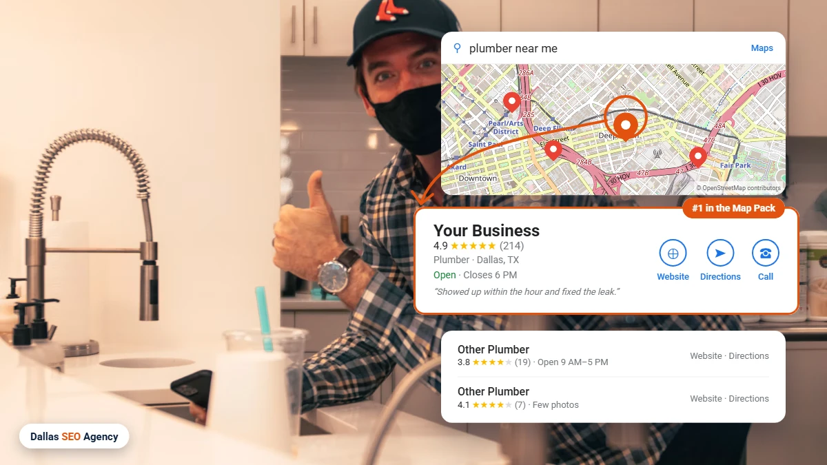 Plumber SEO Dallas example: plumber ranking #1 in the Dallas Google Maps local pack