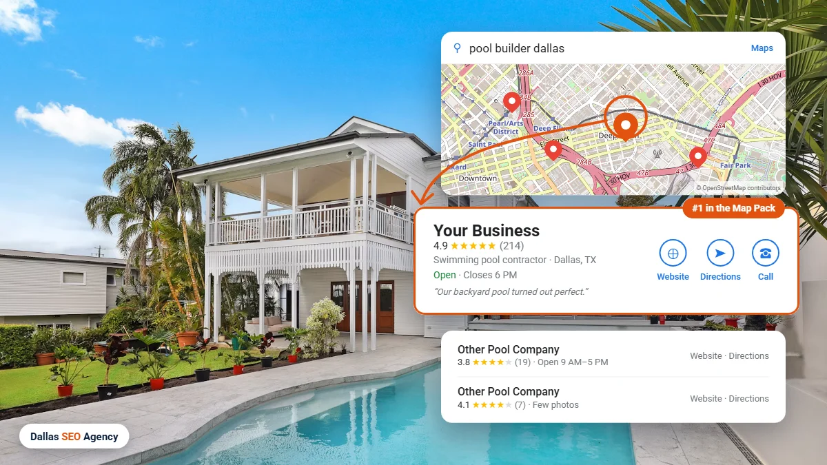 Pool Company SEO In Dallas example: pool company ranking #1 in the Dallas Google Maps local pack