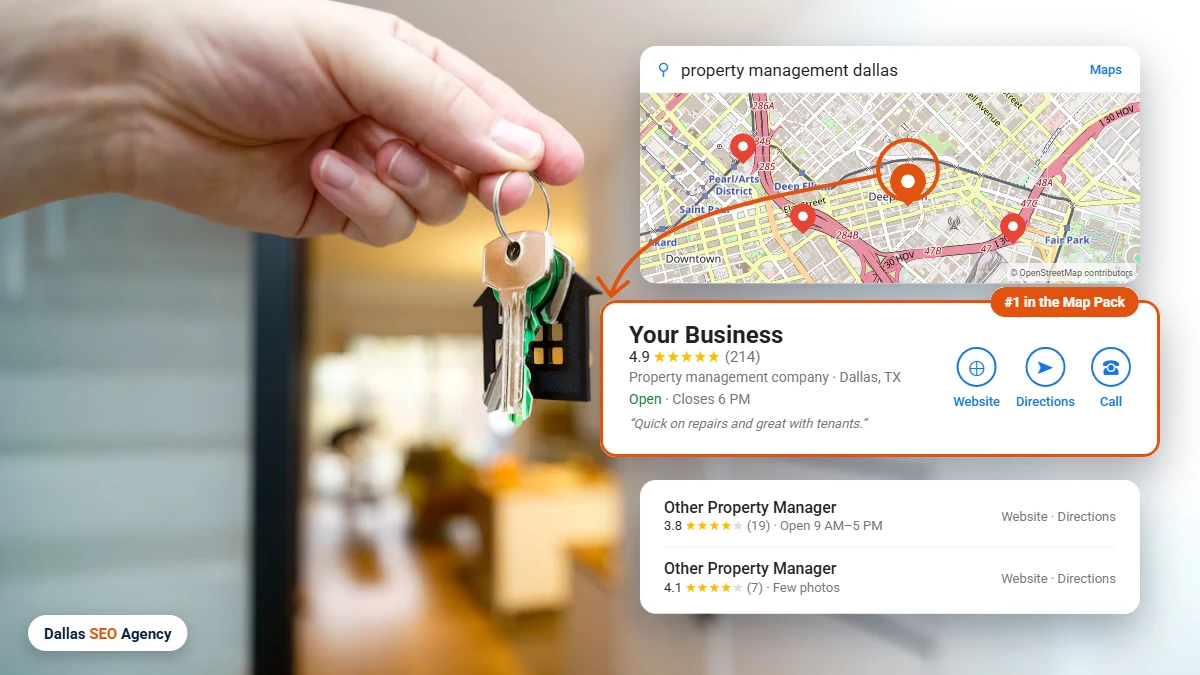 Property Management SEO Dallas example: property manager ranking #1 in the Dallas Google Maps local pack