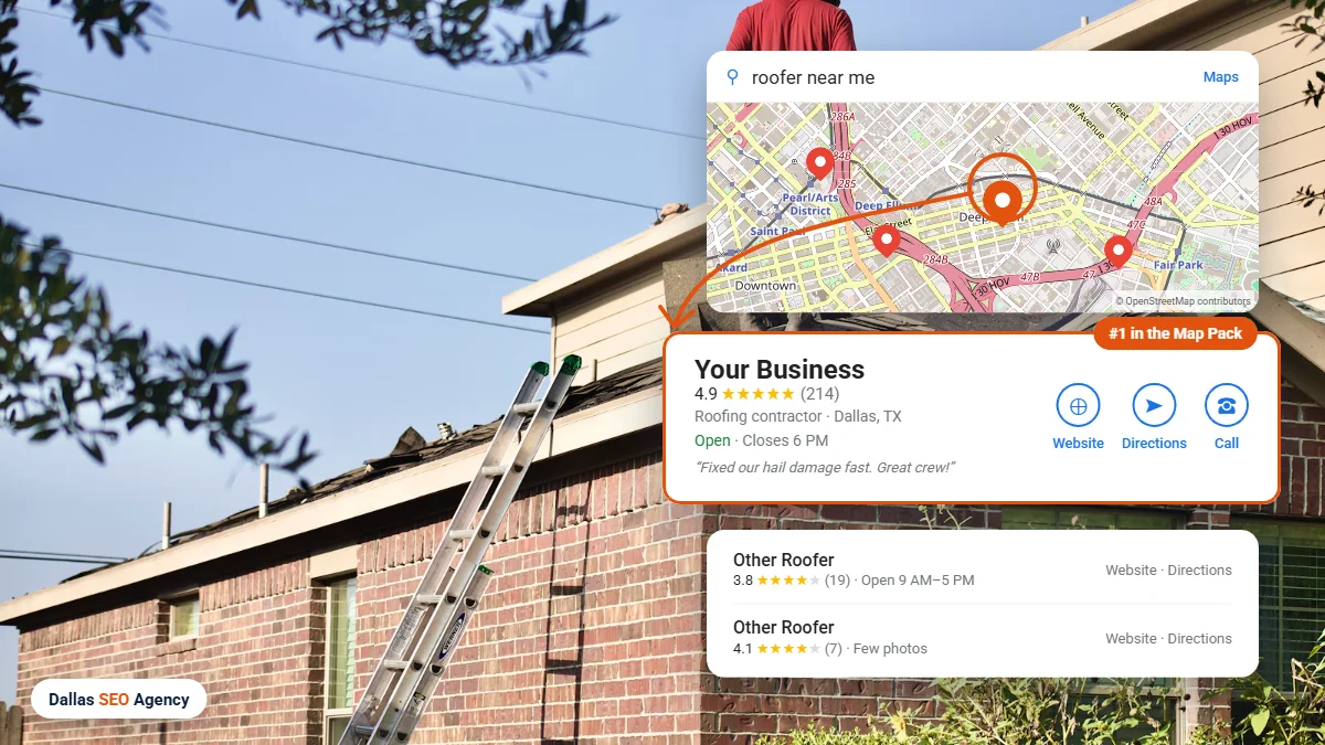 Roofing SEO Dallas example: roofer ranking #1 in the Dallas Google Maps local pack