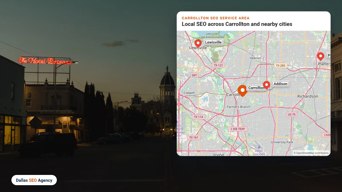 SEO Agency Carrollton service area map covering Carrollton and nearby DFW cities