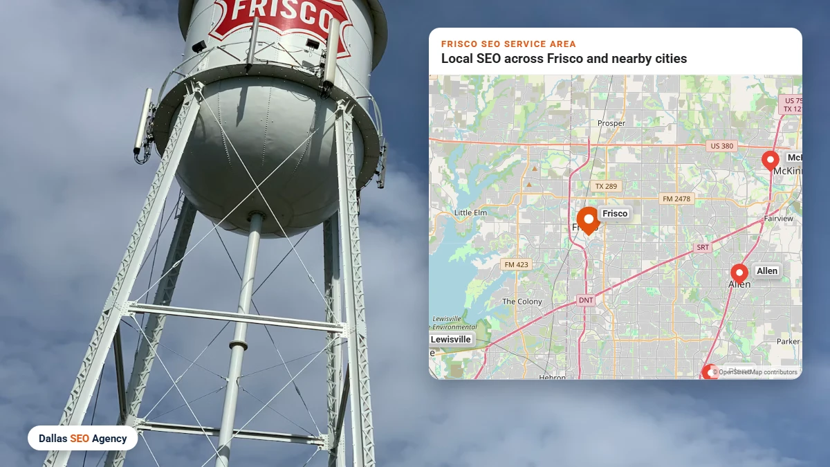 SEO Agency Frisco service area map covering Frisco and nearby DFW cities