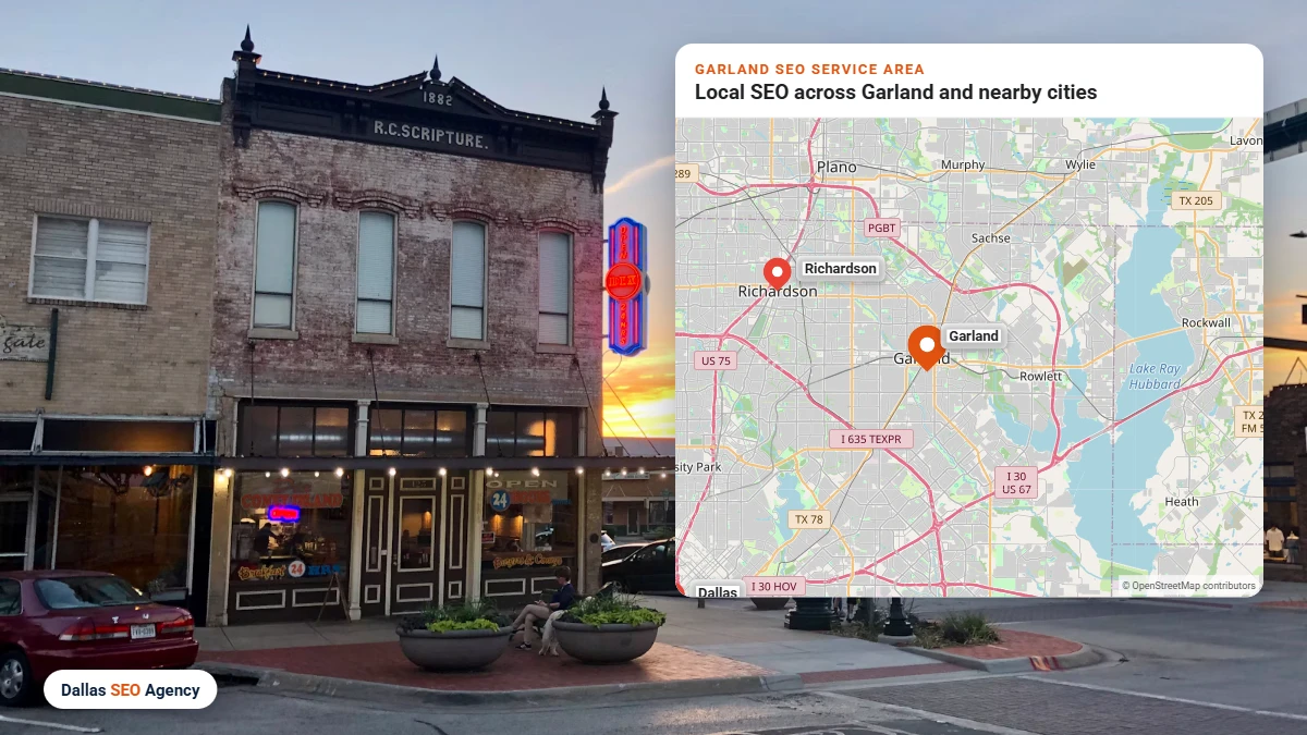SEO Agency Garland service area map covering Garland and nearby DFW cities