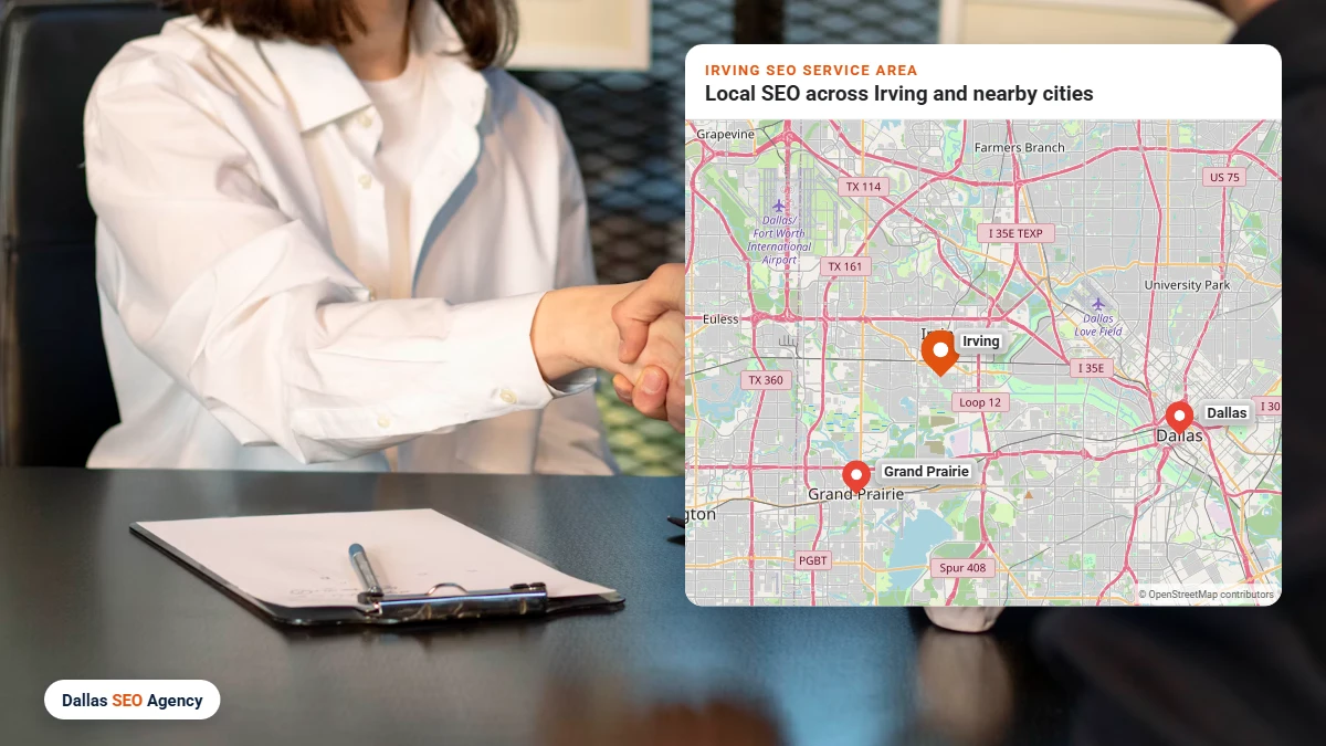 SEO Agency Irving service area map covering Irving and nearby DFW cities