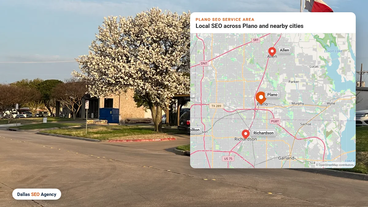 SEO Agency Plano service area map covering Plano and nearby DFW cities