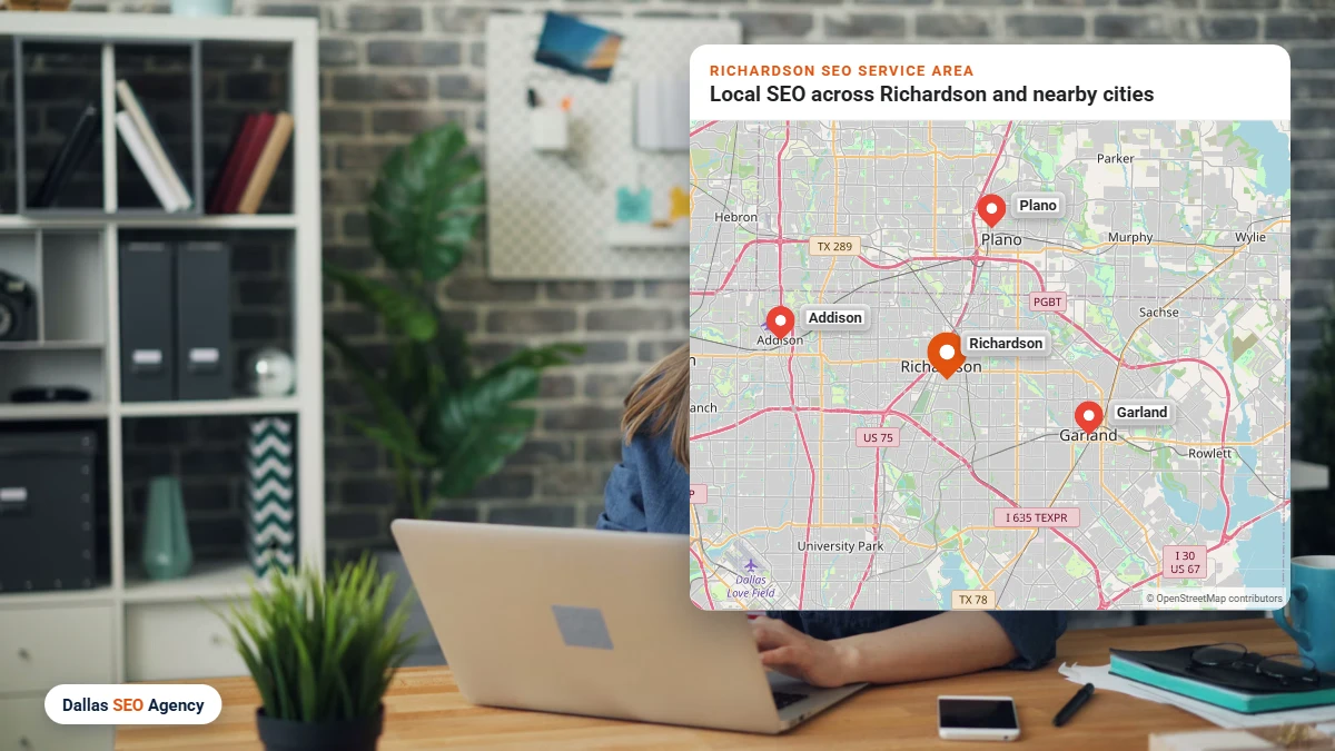 SEO Agency Richardson service area map covering Richardson and nearby DFW cities